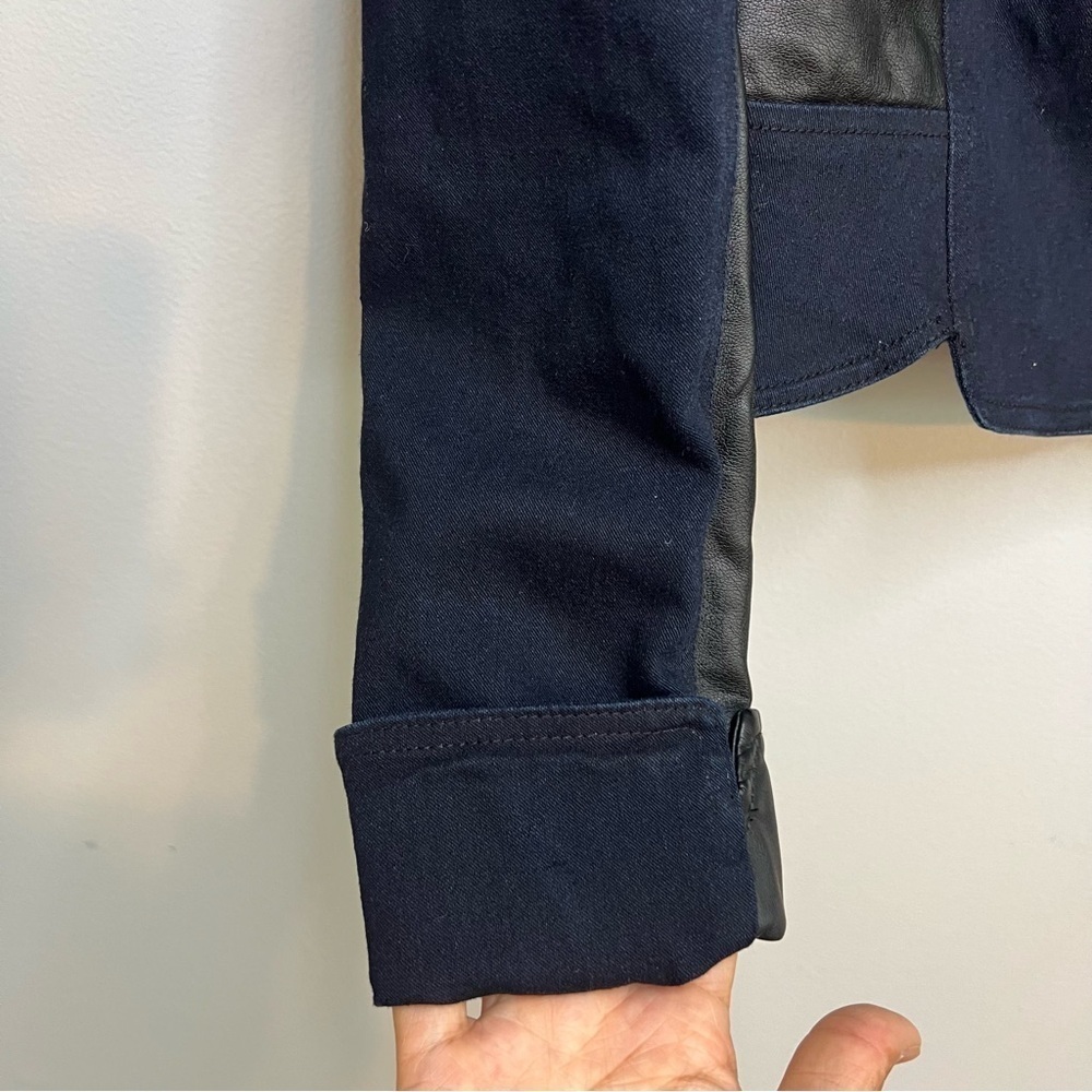 Kiind of Thalia faux leather two toned jacket Sz L Navy Black Cotton Chic City - Picture 7 of 14